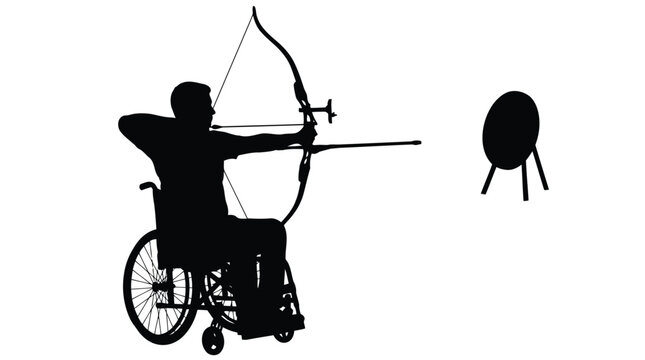 Wheelchair archer silhouette with bow and target dynamic adaptive sports action concept isolated on white background