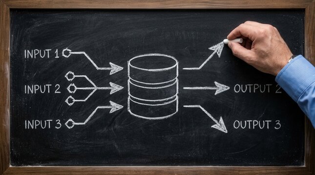 Minimalist database diagram in white chalk on a black chalkboard, with inbound and outbound arrows and a hand finishing the drawing.

