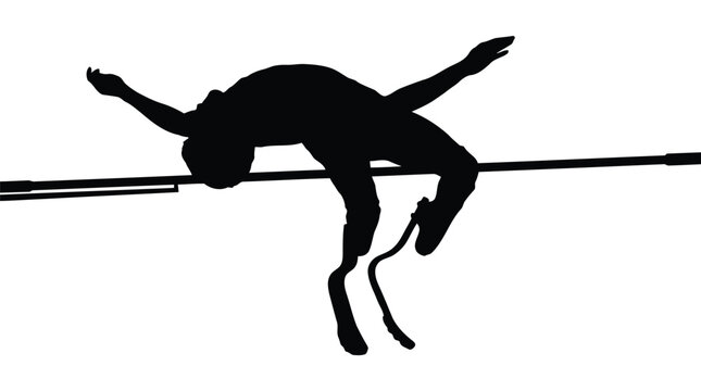 Dynamic black silhouette of horse jumping high bar with athletic action isolated on white background