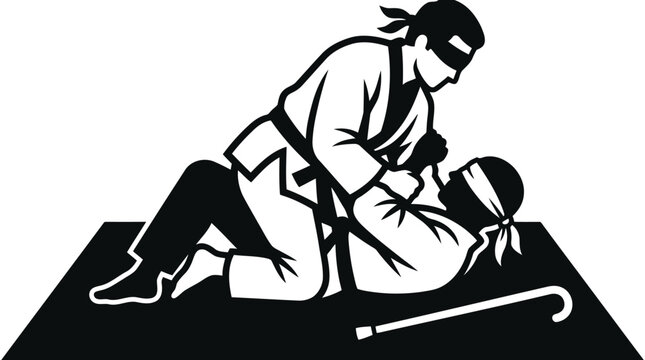 Black and white silhouette illustration of judo athlete performing takedown on mat isolated on white background