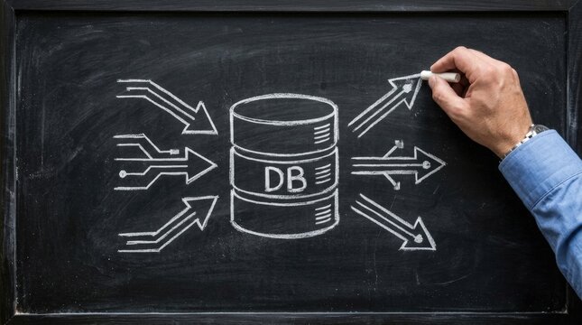 Minimalist database diagram in white chalk on a black chalkboard, with inbound and outbound arrows and a hand finishing the drawing.

