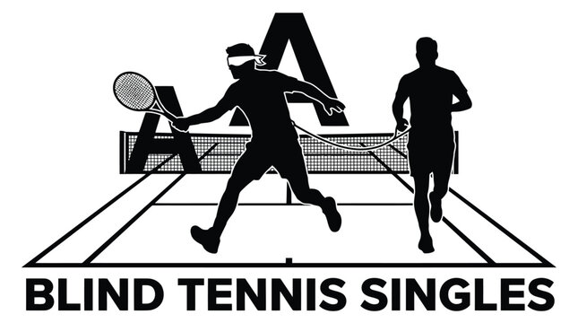 Black and white blind tennis singles logo vector design with dynamic player action silhouette isolated on white background
