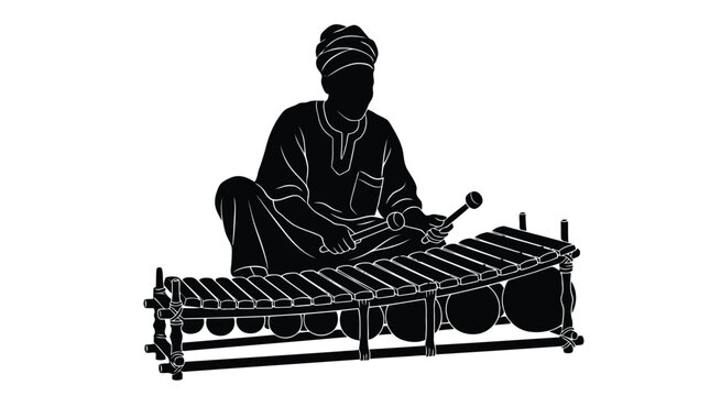 Musician playing traditional marimba xylophone silhouette with mallets isolated on white background