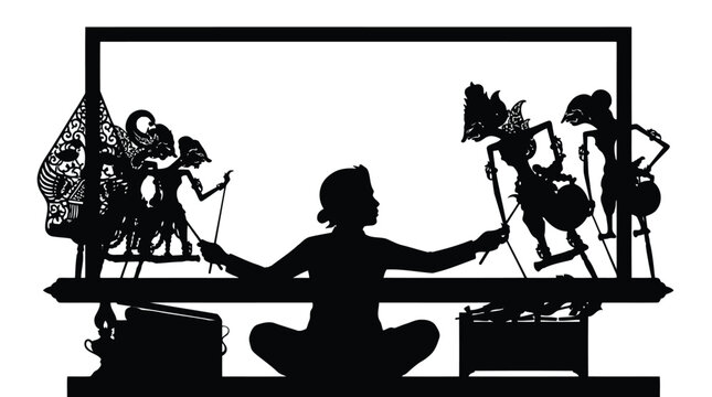 Traditional shadow puppet theater silhouette with puppeteer controlling intricate character silhouettes isolated on white background