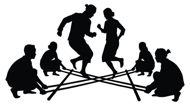 Dynamic group children playing on teeter totter silhouette with joyful movement and outdoor fun activity isolated on white background