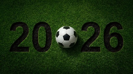 Obraz premium world cup 2026 official soccer ball on green grass field with 2026 date