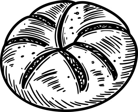 Round bread roll with crusty top and scoring lines, hand drawn bakery illustration