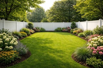 Obraz premium Vinyl fenced green lawn with full enclosure for tranquil private garden setting
