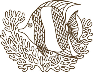 Obraz premium Intricate line art of tropical fish swimming among coral reef detailed ocean life sketch in monochrome