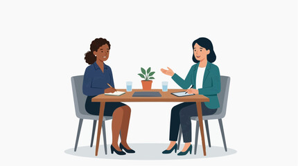 Fototapeta premium Two women in business attire having a meeting at a table with a plant and drinks