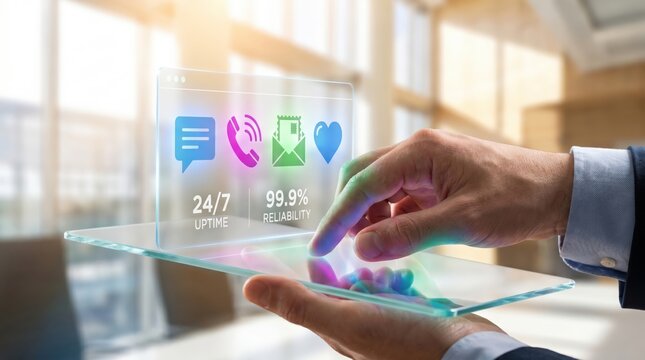 Omnichannel Marketing Technology Concept: Business Hand Interacting with Multi-Colored Digital Communication Interface