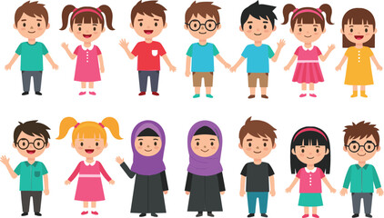 Cute children cartoon vector illustration set featuring diverse boys and girls standing smiling and waving in colorful flat style isolated background © Md