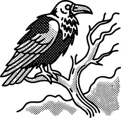 Fototapeta premium Black crow perched on a bare branch in a minimalist dotwork illustration