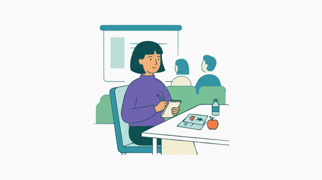 Woman taking notes in a classroom or meeting with presentation screen and other attendees