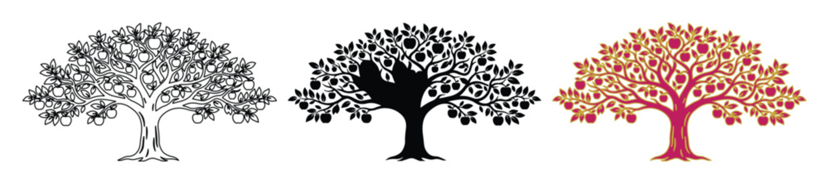 Stylized apple tree vector set, botanical fruit tree silhouettes in black and color, 3 decorative orchard tree icons for organic branding