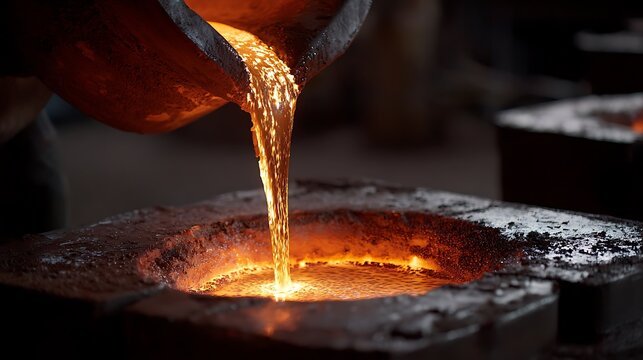 Molten metal being poured into a sand casting mold in an industrial foundry setting.