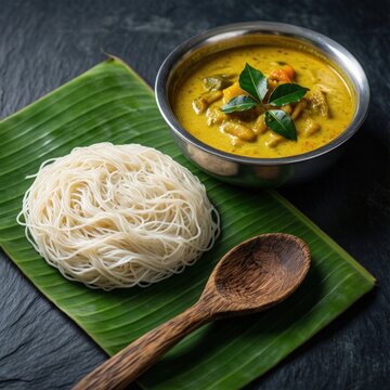 South Indian idiyappam on banana leaf with creamy coconut milk vegetable stew, rustic styling on dark slate background, authentic breakfast cuisine