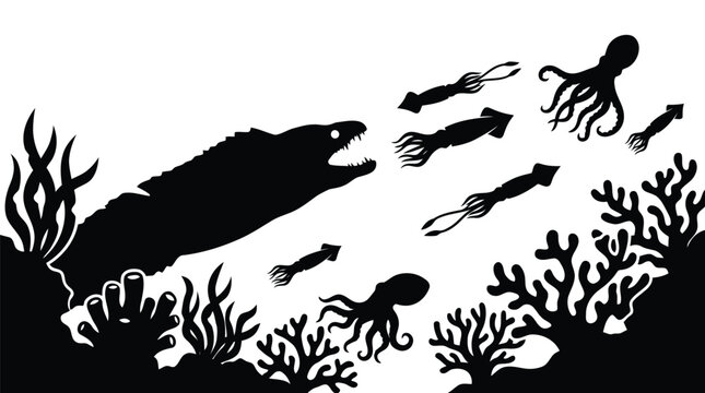 Black and white underwater shark hunting scene with sea creatures and coral illustration isolated on white background