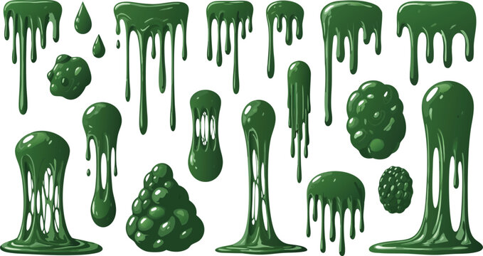Green Slime Drip Illustration Set Featuring Gooey Liquid Drops, Sticky Monster Texture, and Horror Cartoon Effect Elements