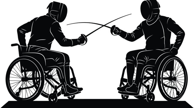 Two wheelchair fencers in action silhouette with black protective gear and foil swords isolated on white background