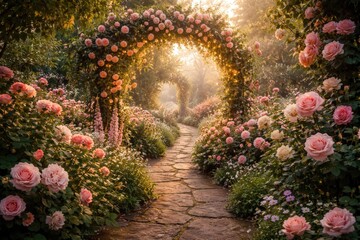 Fototapeta premium Charming garden trail featuring blooming roses and fairy tale ambiance