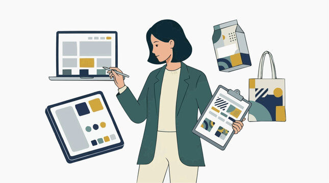 Designer working on digital interface and branding elements with laptop tablet and mockups