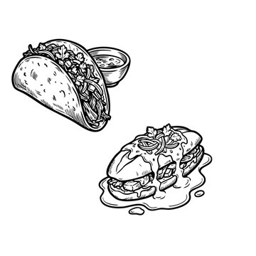 A hand-drawn black and white line art illustration of a Mexican taco with salsa dip and a torta sandwich with dripping sauce.