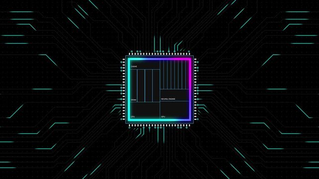 Vibrant AI Processor With Extending Traces Showcased Via Cinematic Camera In Data Center Environment