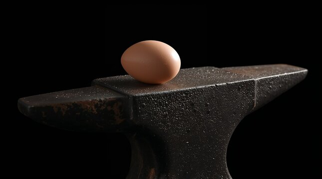 Single egg resting on rustic anvil surface fragility strength concept