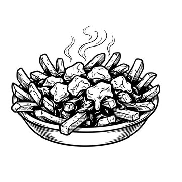 A black and white hand-drawn illustration of Canadian poutine with french fries, cheese curds, and gravy.