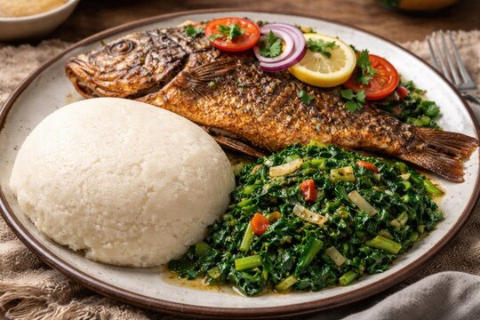 Hearty meal of ugali served alongside fish and steamed greens