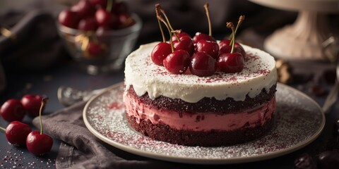 Fototapeta premium Cherry infused festive red cake dessert with space for text