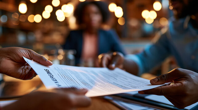 Close up of two hands each holding one side of a bright printed business proposal document the proposal open to a key terms page warm natural light across the spread