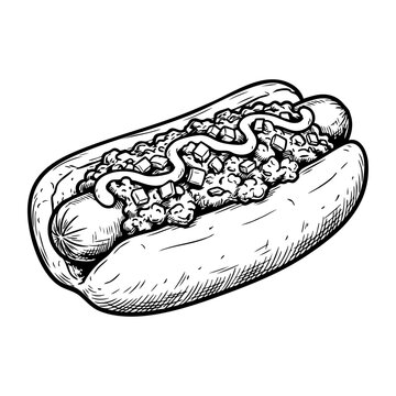 A hand-drawn black and white illustration of a chili dog with onions and mustard in a bun.