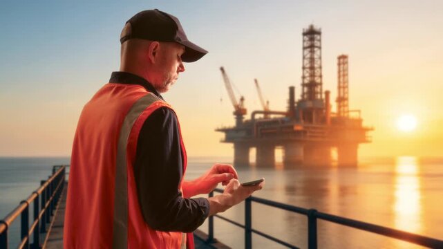 Offshore Worker Reviews Digital Logs. Seafarer Inspects Operational Data While Standing On Vessel Deck