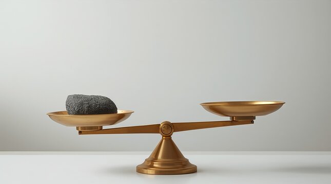 Bronze balance scale with stone on one pan symbolizing weight comparison and decision making concept