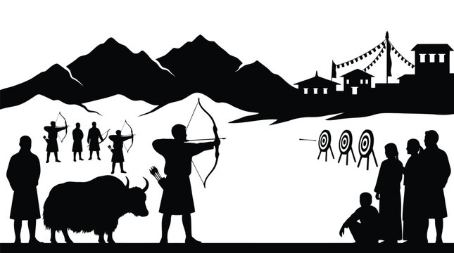Historical warrior hunting yaks with archers and mountain village scene black silhouette illustration isolated on white background