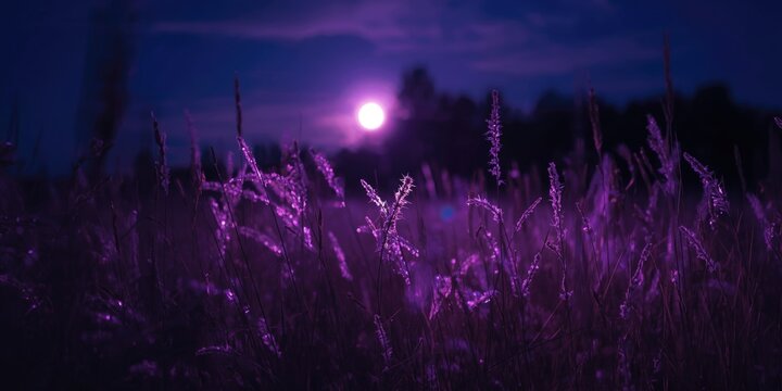 Blurred natural photo backdrop of seasonal meadow grass and flowers highlighted by dark glowing light and purple moonlight