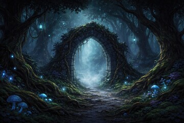 Fototapeta premium Toon style dark enchanted forest with a mist covered archway perfect for background design