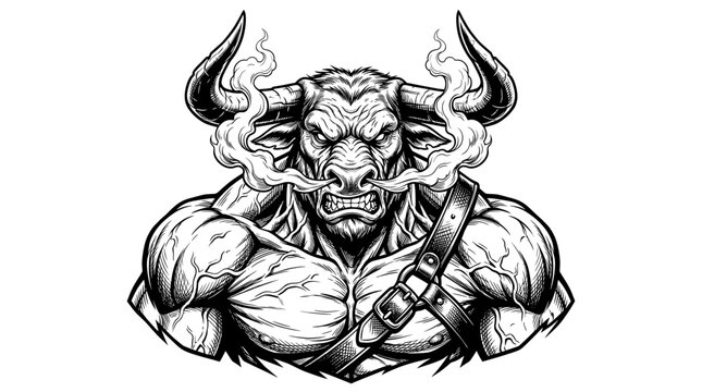 Muscular minotaur bull mascot vector illustration with angry expression and steam from nostrils black and white line art