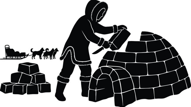 Traditional inuit person building igloo with sled dogs and blocks black white illustration isolated on white background