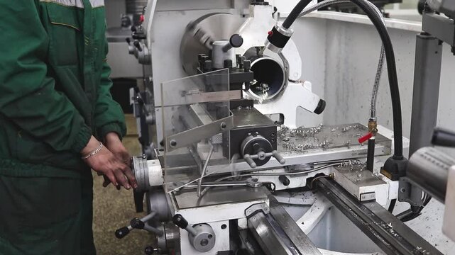 Close-up of a student's hands working on a lathe
