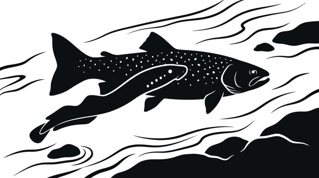Dynamic black and white trout fish swimming in water wave illustration with abstract flow design isolated on white background