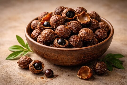 Soap nut shells for medicine placed in a brown earth tone bowl on plain background