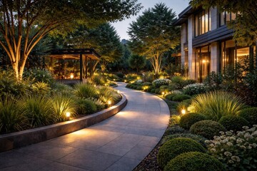Obraz premium Sleek garden architecture with illuminated pedestrian path by residential area