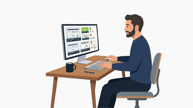 Man working on computer at desk with coffee cup and keyboard