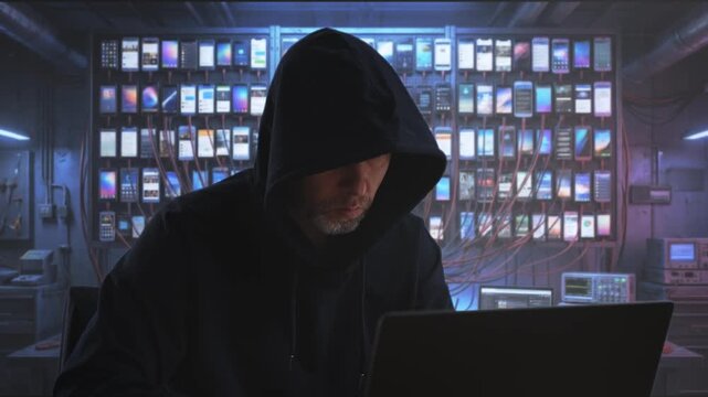 Secretive Programmer Wearing Hood Analyzing Complex Campaign Information On Multiple Connected Gadgets