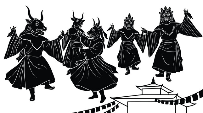 Traditional demonic cow-headed dancers performing ritualistic black and white illustration isolated on white background