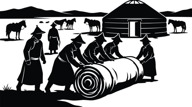 Traditional nomadic group unrolling large felt carpet rug in front of yurt with horses and mountain background black isolated on white background