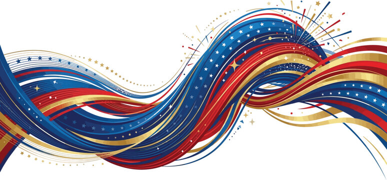 Ribbons flow in elegant curves featuring red white blue and gold highlights.